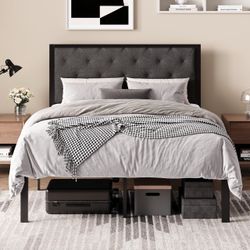 SHA CERLIN Queen Size Metal Bed Frame and Linen Tufted Headboard, Dark Gray