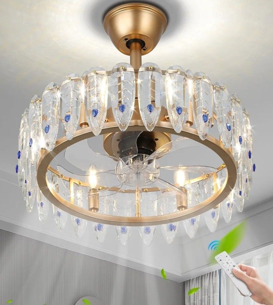 Cainjiazh 21in Caged Ceiling Fan Gold With Crystal Remote 6speed Reverse Timer New