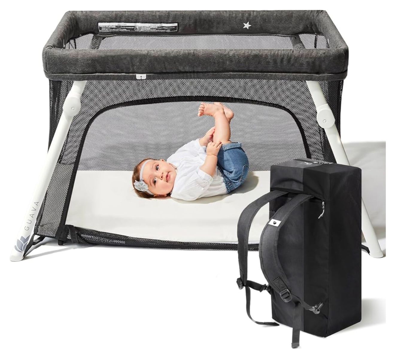 Guava Lotus Travel Crib with Lightweight Backpack + Hiccapop Pack and Play Mattress Pad