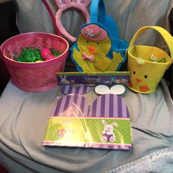 Easter Baskets With Grass, Plastic Eggs With Treats And Bunny Ears