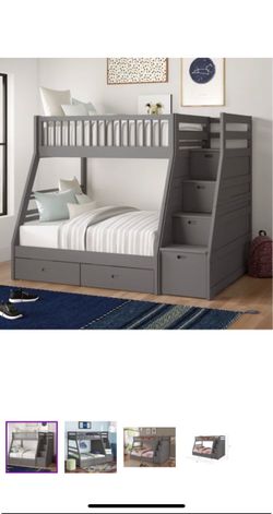 Gray Twin over Full Bunk Bed with Storage Stairs