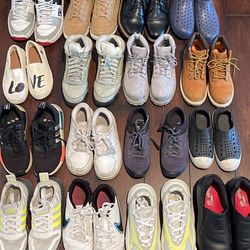 Kids Shoes up left to Right DC size 4y $10 Boots light brown size 4Y $15 Black dress shoes size 4Y $15 Robber water shoes 2.5y $5 White Tom's Girl siz