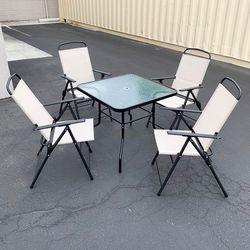 $100 (Brand New) Patio 5pcs dining set with 32x32” table and 4pc folding chairs, outdoor furniture
