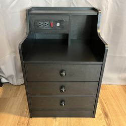 Sleek Black End Table with Drawers + Charging Ports