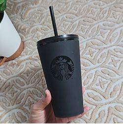 Starbucks Plastic Cup With Straw And Lid, Matte Black & Green