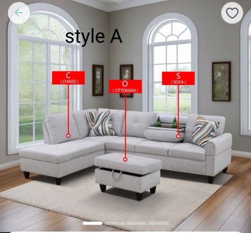 Grey White Flannel 3 Seater Sectional Sofa Set With Ottoman 