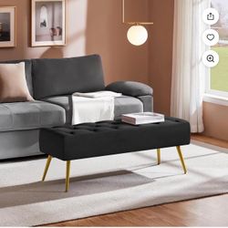 Modern Ottoman Bench Velvet Bench Upholstered Footrest for Living Room with Gold Metal Legs and Padded Seat
