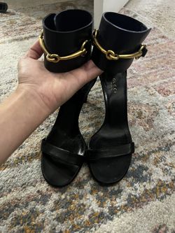 Gucci Black Ankle Wrap Leather Heels 