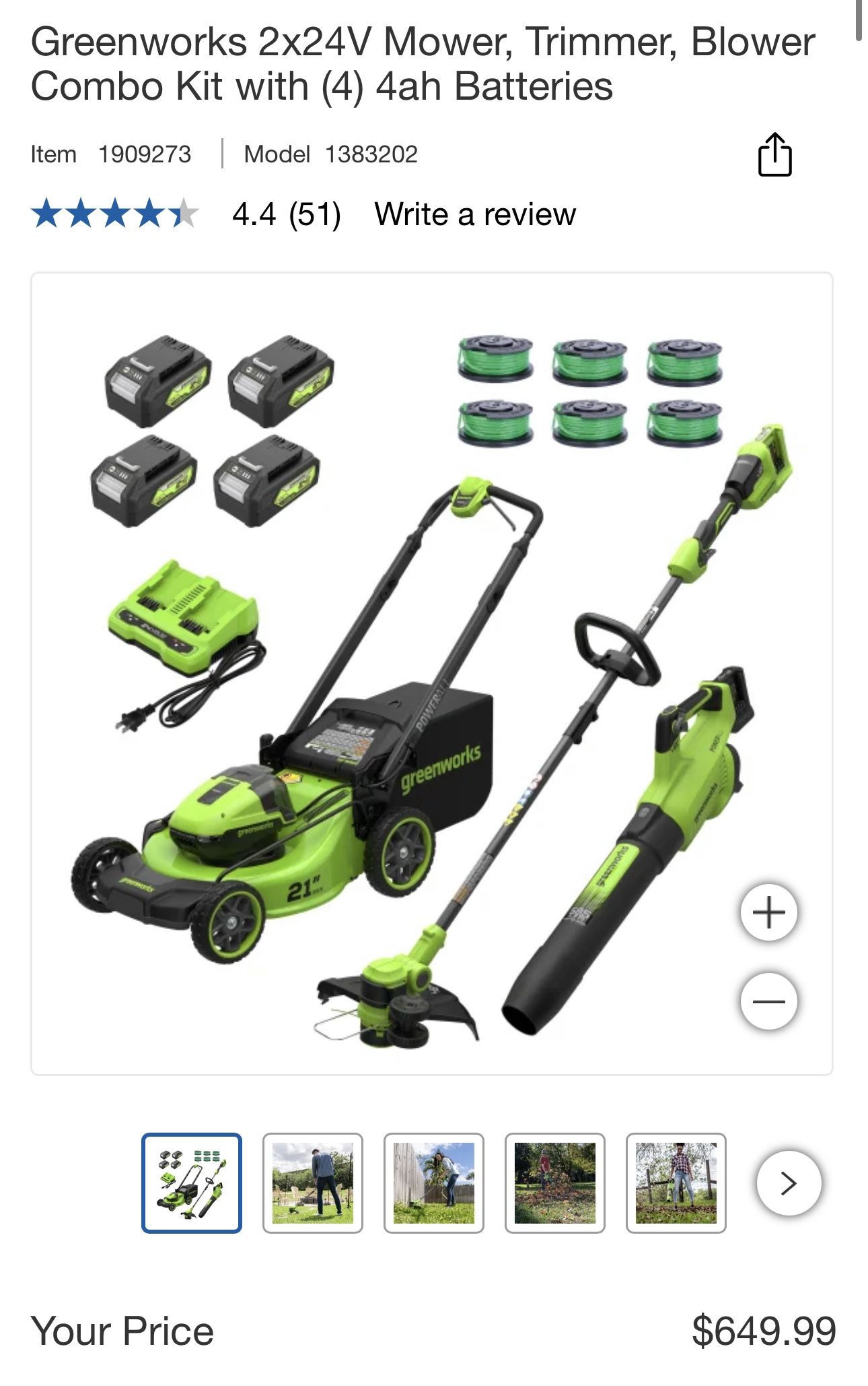 Greenworks 2x24V Mower, Trimmer, Blower Combo Kit with (4) 4ah Batteries