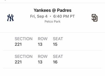2 tickets to Padres vs Yankees at Petco Friday 9/4