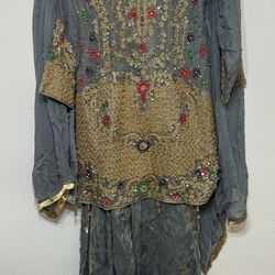 3 Piece Beautiful Chiffon And jamawar Full Sleeves Medium Size Party Dress