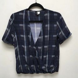 Womens Faux Wrap Top Blouse Black Plaid Short Sleeve V Neck Size 14 L Large T Tee Shirt 