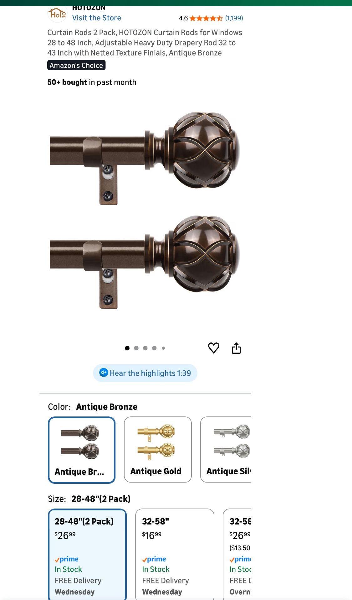 HOTOZON Heavy Duty Curtain Rod 2 PACK NEW