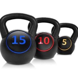 Home Gym 3 Pcs Vinyl Kettlebell Kit Body Muscles Training Weights 5 10 15lbs Set