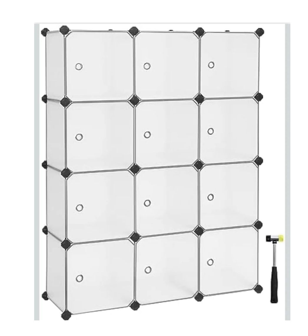 SONGMICS Cube Storage Organizer Closet Storage Shelves w/ Doors Set of 12 Plastic Cubes - White