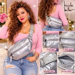 Nicole Miller Metallic Silver Belt Bag Crossbody Fanny Pack NWT