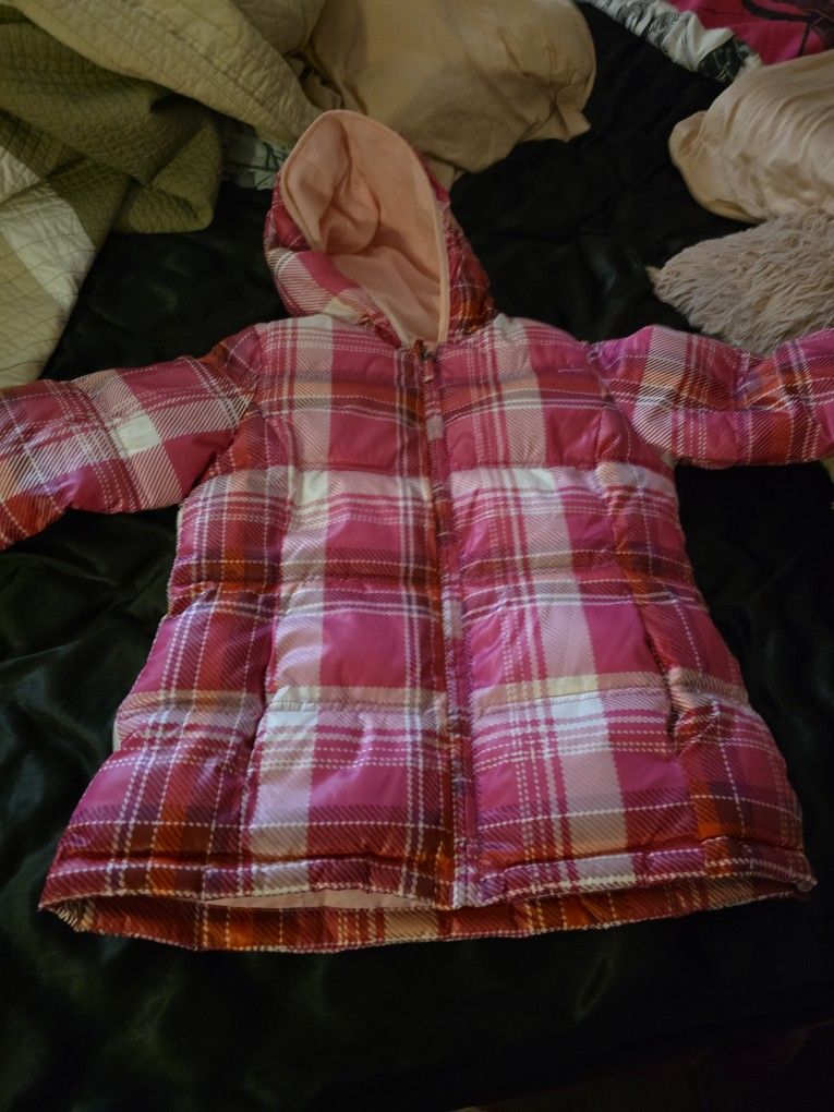 Girls Faded Glory pink and purple plaid puffer jacket with hood
