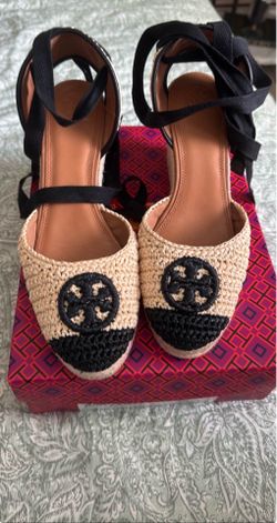 Tory Burch Black Ivory Espadrille Wedge Sandals 10.5