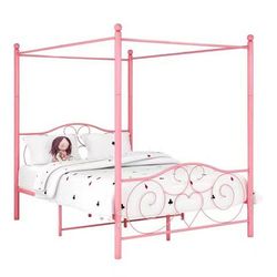 Canopy Bed Frame Platform Metal Bed Frame Heavy Duty Steel Slat and Support with Headboard and Footboard No Box Spring Required (Queen, Pink)