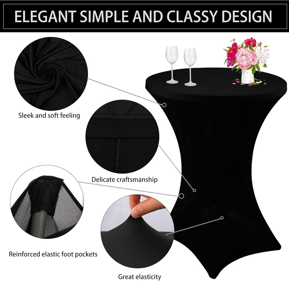 3 Pack Cocktail Spandex Tablecloth 32"x43" Black Stretch Square Corners Cocktail Table Cover Fitted High Top Round Table for Bar Wedding Birthday P