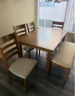 Solid Wood Dining Table Set (Table + Bench + 4 Chairs)