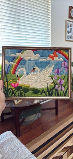 Vintage Crewel Embroidered Swans