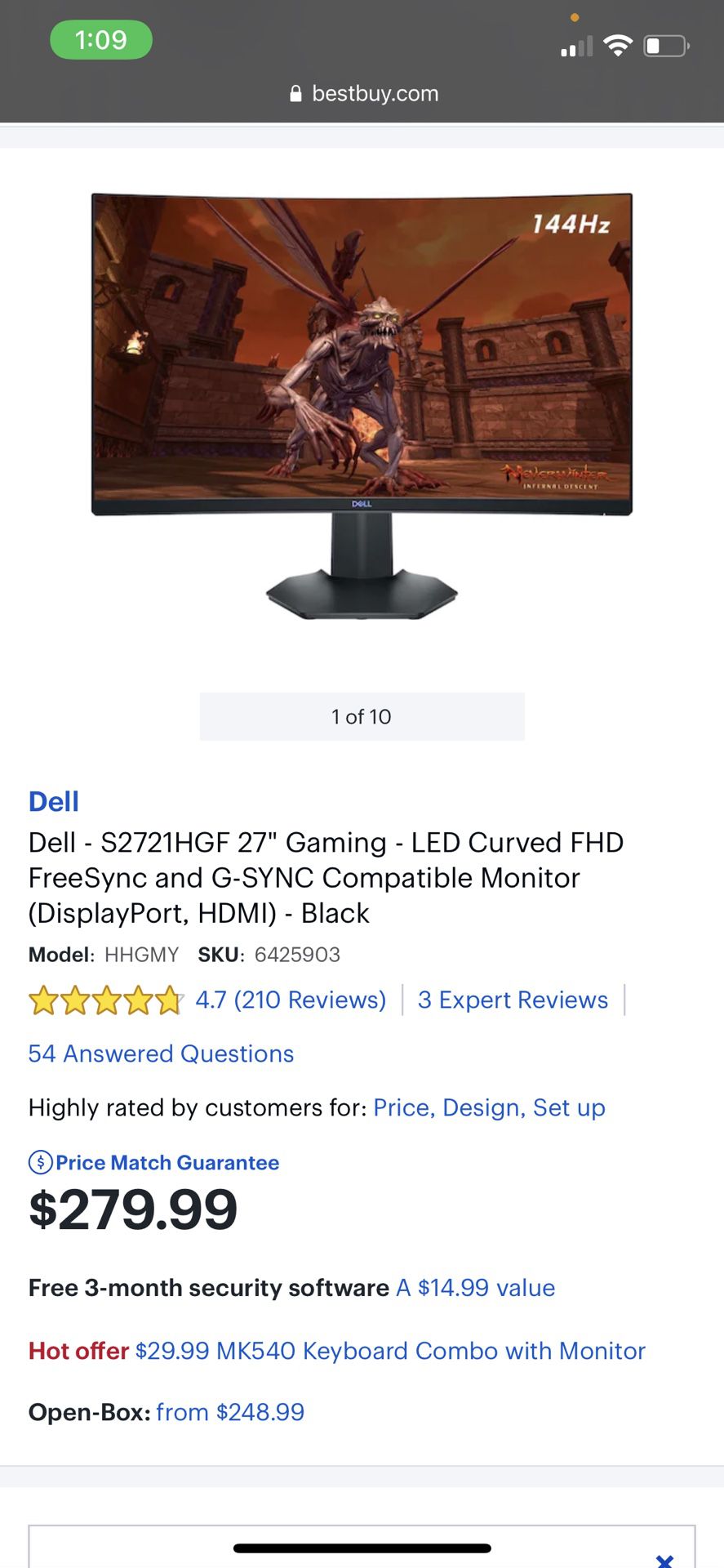 Dell 27” Gaming LED Curved 144 Hz