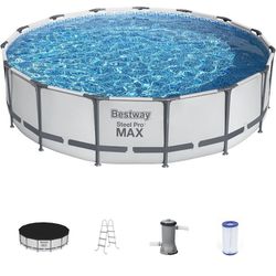 Bestway Steel Pro MAX 15" x 42" Round Above Ground Swimming Pool Set Outdooor Metal Frame Family Pool with Filter Pump, Ladder, and Cover

