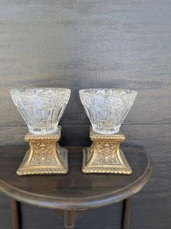 Pair of Vintage Etched Glass Bowls on Ornate Brass Cherub Bases