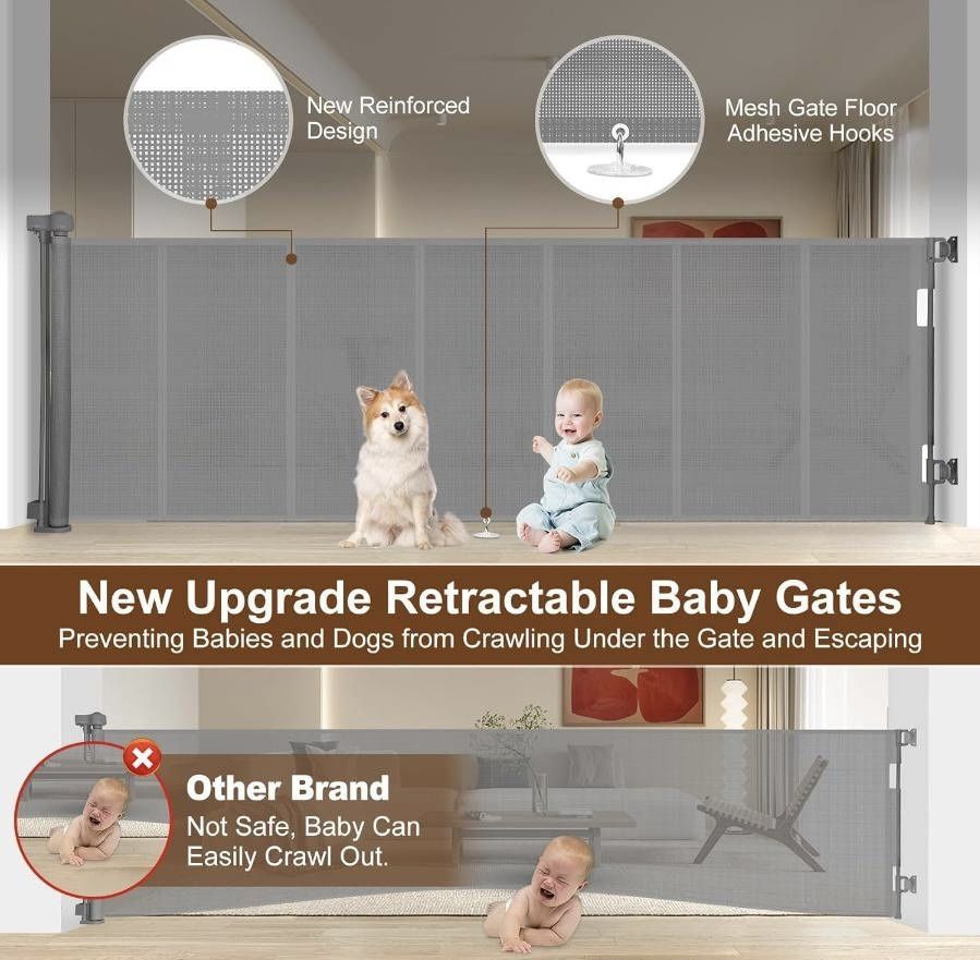 Upgrade 120 inch Retractable Baby Gates Extra Wide with Reinforced Strip Design 34" Tall