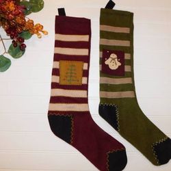 Christmas Stocking Burgundy & Moss Green Primitive Looking