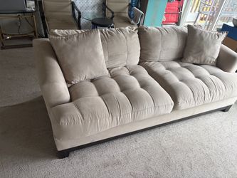 Beige Microsuede Tufted Sofa with Throw Pillows