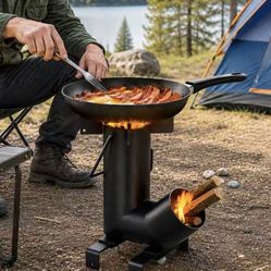 New In Box Rocket Burner Wood Burning Outdoor Steel Camping Cooking Stove With Pan And Cook Utensil 