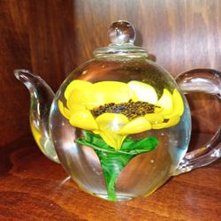 Rare Glass Teapot With sun Flower Paper Weight