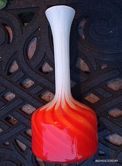 Mid century italian art glass red orange white swirl vase MADE IN ITALY w foil label