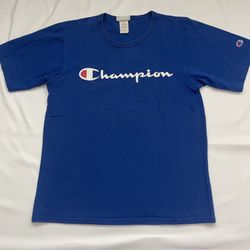 Men Champion Classic Logo Crew Neck Tee T-shirt Short Sleeve Top Blue Medium M