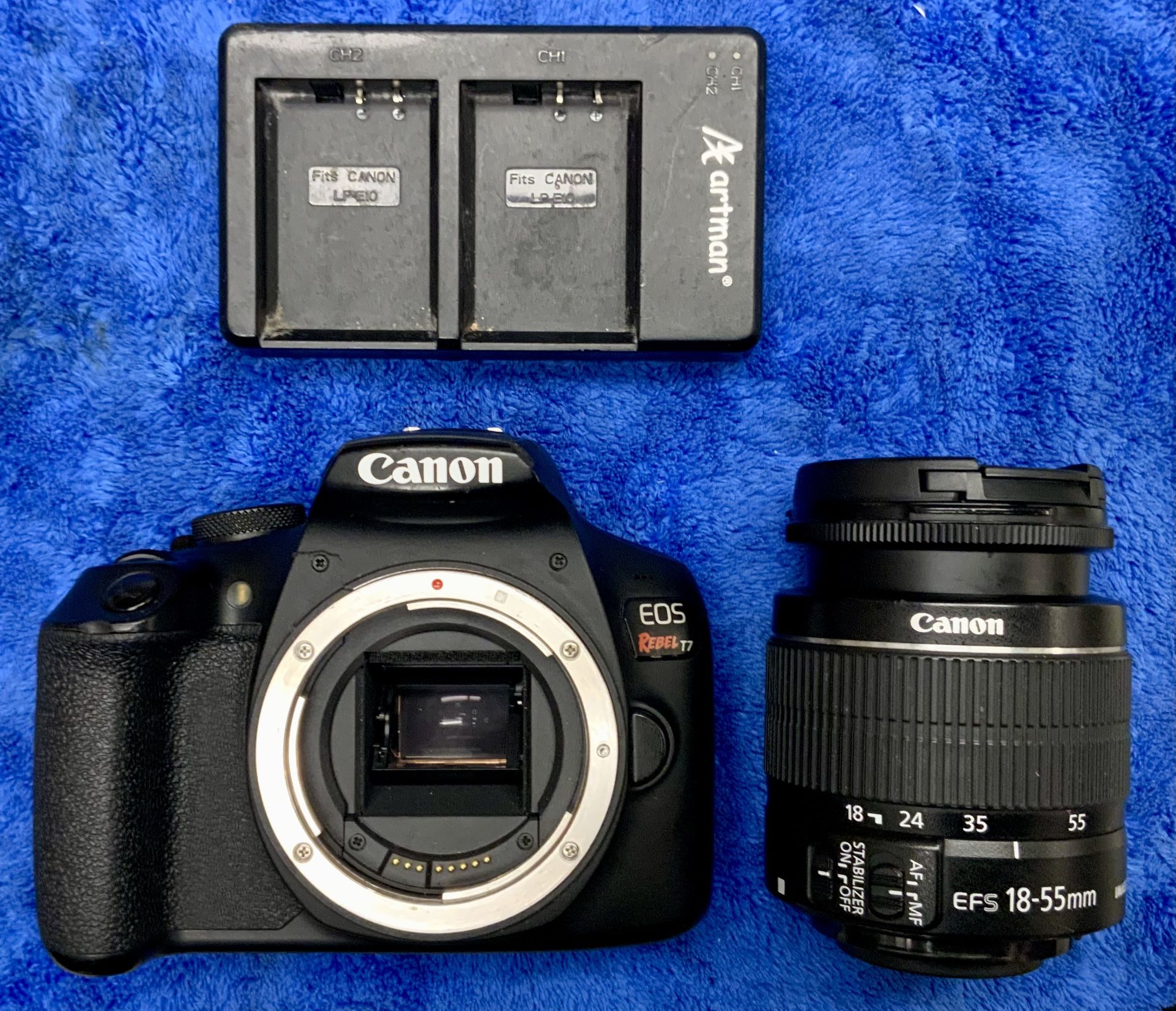 Canon EOS Rebel T7 Camera Cam DSLR 28-55mm 1:3.5-5.6 Lens EFS ii Zoom Photo Record Photography Video HDMI Travel Outdoors Hobby Flash