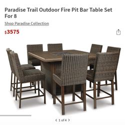 Ashley Paradise Trail Outdoor Fire Pit Bar Table Set For 8