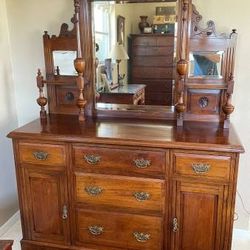 Antique Walnut Carved Victorian Sideboard Hutch Cabinet Beveled Mirror