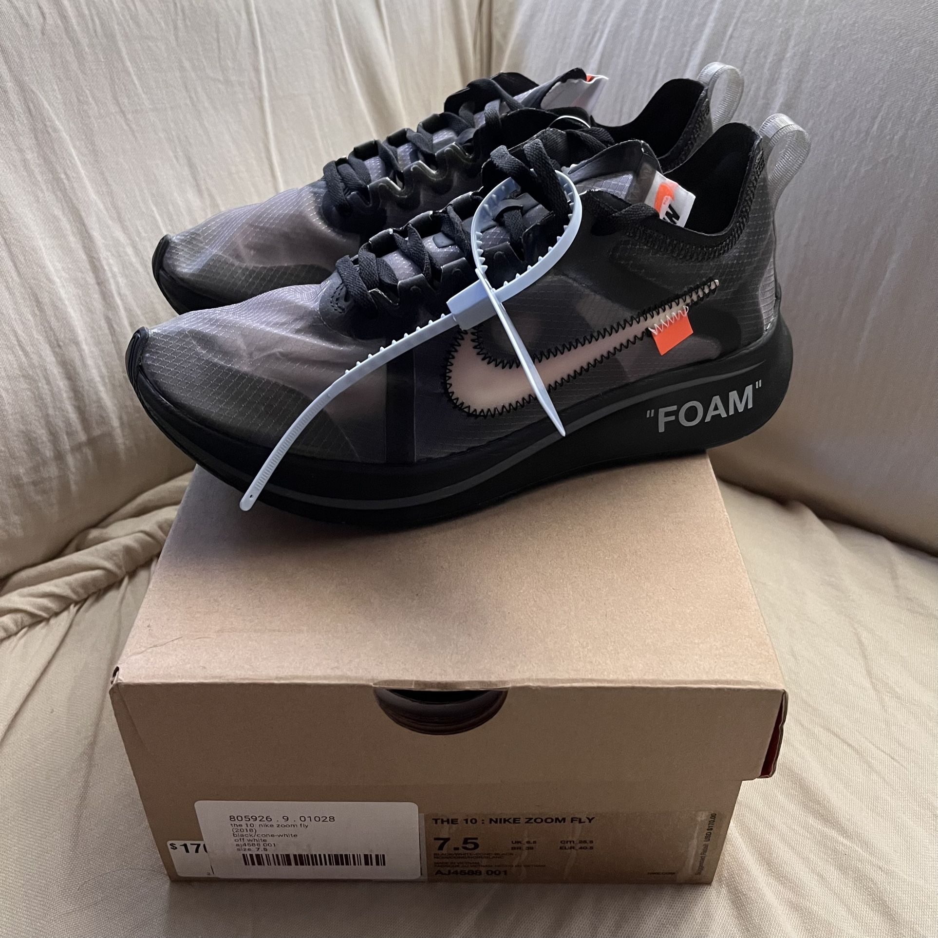 Nike Off White Zoom Fly Black New Size 7.5