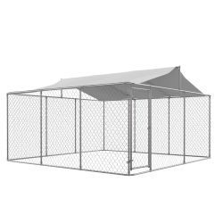 Heavy Duty Outdoor Dog Kennel 14.8x14.8x7.6 ft, Galvanized Chain Link Playpen with Waterproof Anti-UV Cover, Secure Lock, Large Exercise Pen for Puppy