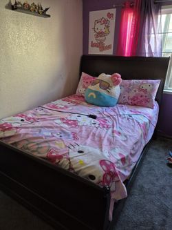 Dark Brown Oak Wood Queen Bed Frame