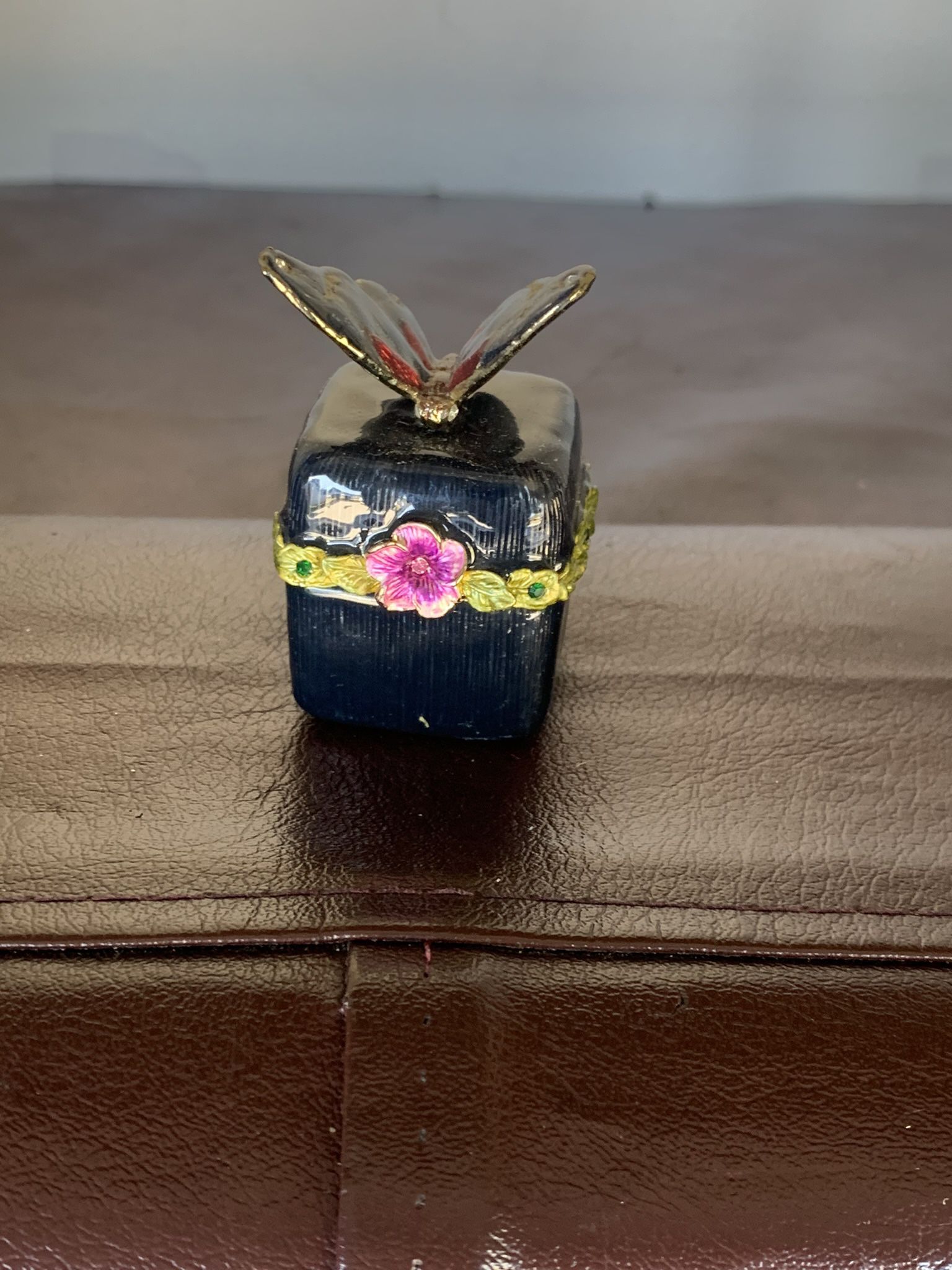 Hand Painted Enamel  Butterfly Trinket Box, Pill Box Hinged  , heavy 