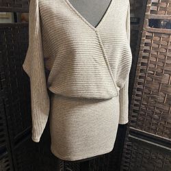 Lush Beige Ribbed V-Neck Wrap Sweater Dress