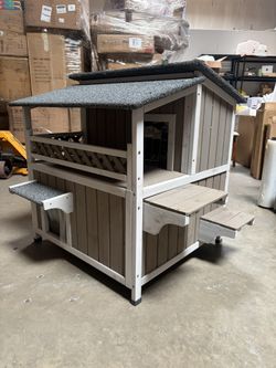 Outdoor Cat House 2 Story Wooden Houses for Indoor Outside Feral Cat House with Balcony Waterproof, Escape Doors