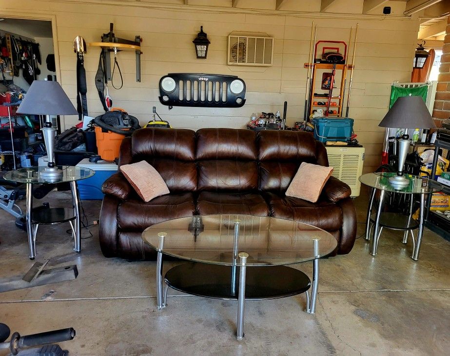 Recliner Sofa, 3 Tables & 2 Lamps
