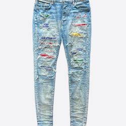 Amiri Blue Multicolor Patch Distressed Jeans Size 36