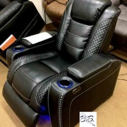 Brand New Theater Couch 💥 Party Time Black Leather Power Recliner Chair With Dual Cup Holders, Adjustable Headrest And LED Lights| White, Brown, Gray