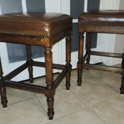 Brown Leather Counter Height Bar Stools - Set of 2