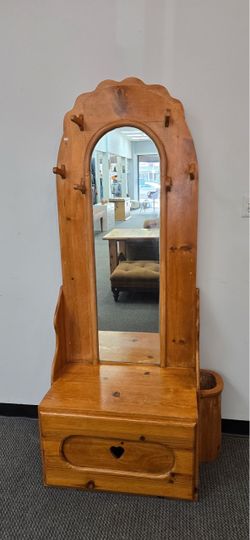 Pine Wood Hall Mirror with Hooks and Drawer